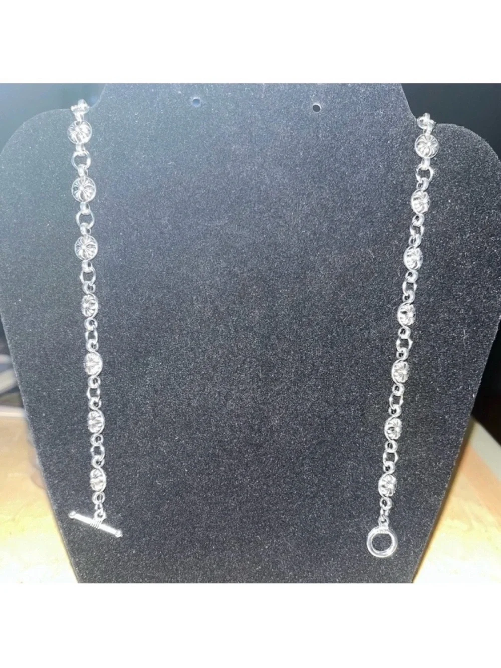 Chrome Hearts Silver Cross Ball Chain W/ Dagger Pendant & Toggle Clasp Closure